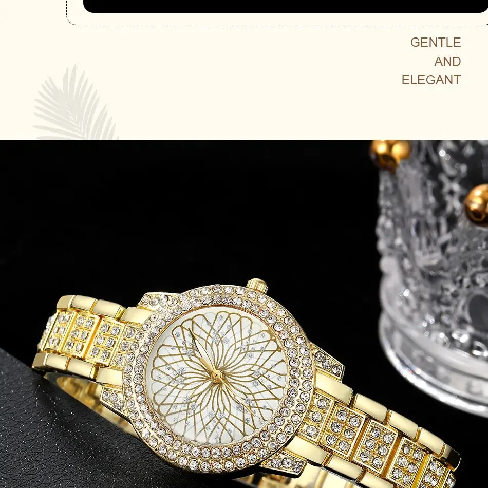 Sc0eb6ba1683546db90e59086b7451c6bp 5PCS Set Luxury Watch Women Ring Necklace Earrings Rhinestone Fashion Wristwatch Female Casual Ladies Watches Golden Color Set Mallzona