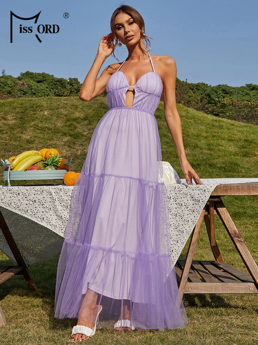 

Missord Elegant Purple Long Party Dress Women Halter V Neck Open Back Loose A-line Mesh Prom Dresses