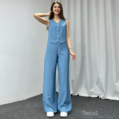 Tesco Spring Summer Women's Pants Sets Solid Sleeveless Vest High Waist Leg Pants 2 Piece Female Casual Outfits Office Sets