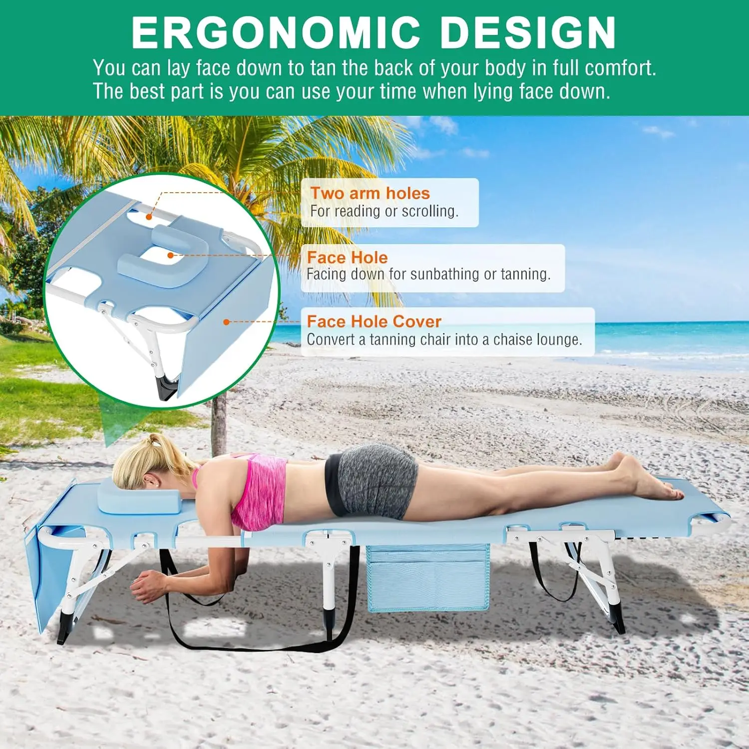 Folding Chaise Lounge Chair with Mattress, 5 Position Beach Chair with Face Hole, Patio Chaise Lounge Chairs for Outside