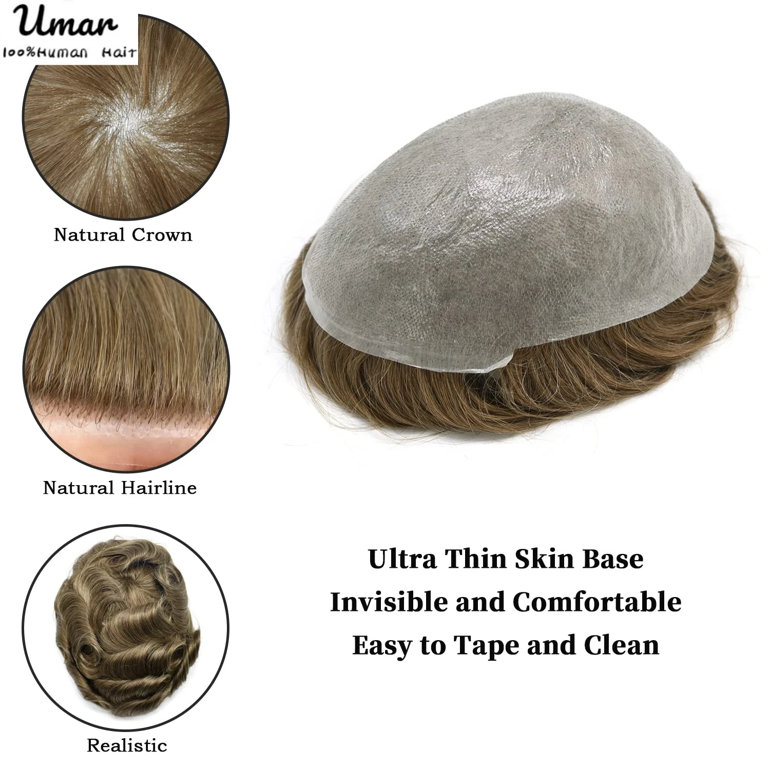 Ultra Thin Skin Men's Hair Systems 0.03-0.04mm V-Loop Full PU Men Toupee Wigs For Men 90% Density Breathable Human Hair System
