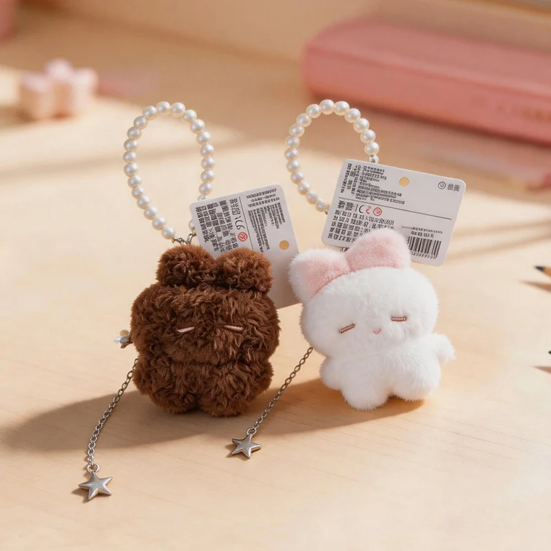 Adorable Fluffy Bunny Plush Keychain with Pearl Chain Decor