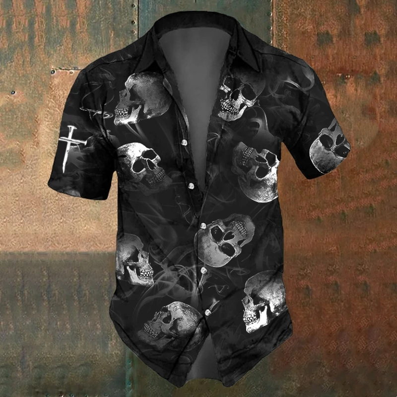 Casual Short Sleeved Shirt Short Sleeved Shirt Men's Skull Shirts Summer Casual Short Sleeve Shirt for Men Black White Printed Men's Clothing Loose Oversized Lapel Shirts Top