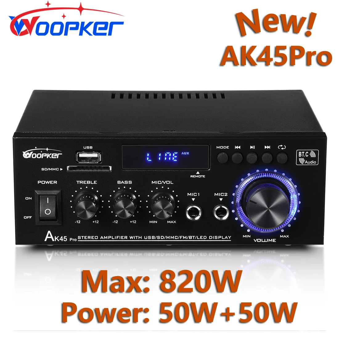 

Woopker AK45 Pro HiFi Digital Amplifier Max Power max820w Channel 2.0 Bluetooth Surround Sound AMP Speaker for Home
