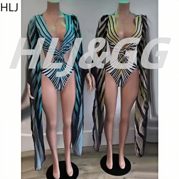 HLJ Sexy Stripe Print Women Swimwear Bodysuits Fashion Swim Suit Bathing Suit Beachwear Long Sleeve One Piece Swimsuit Beachwear 1