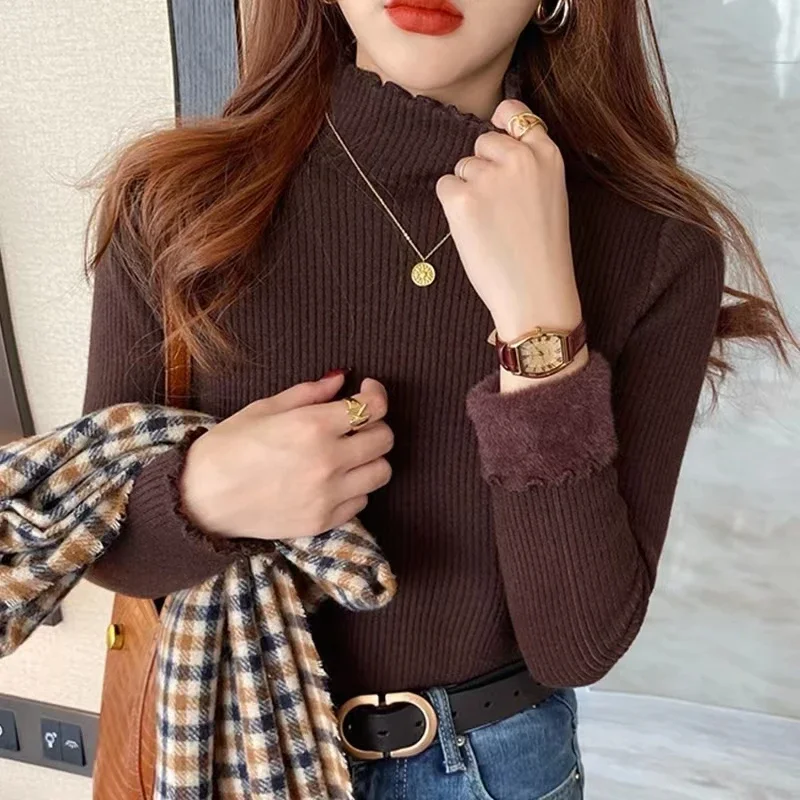 Women's Fungus Edge Semi-turtleneck Long-sleeved Sweater Fashion Knitwear Casual Solid Color Integrated Fleece Bottoming Shirt