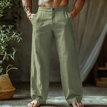 Pantaloni di lino casual da spiaggia estiva al mare Pantaloni dritti larghi tinta unita vintage da uomo per uomo Pantaloni traspiranti moda autunnale 1
