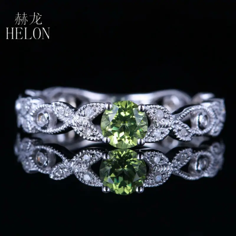 

HELON Solid 14K White Gold Flawless Round 4mm Natural Peridot Diamonds Ring For Women Engagement Wedding Fine Jewelry Best Gift