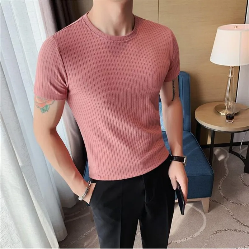

Male summer new striped Short Sleeve O-Neck T-shirt Fashion Slim Stretch comfort tees men casual home Solid color T-shirt tops
