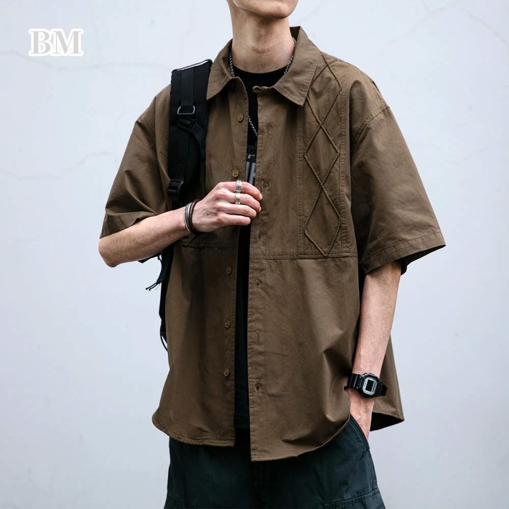

Korean High Quality Vintage Diamond Check Cargo Shirt Men Clothing Streetwear Summer Fashion Short Sleeve Harajuku Casual Tops