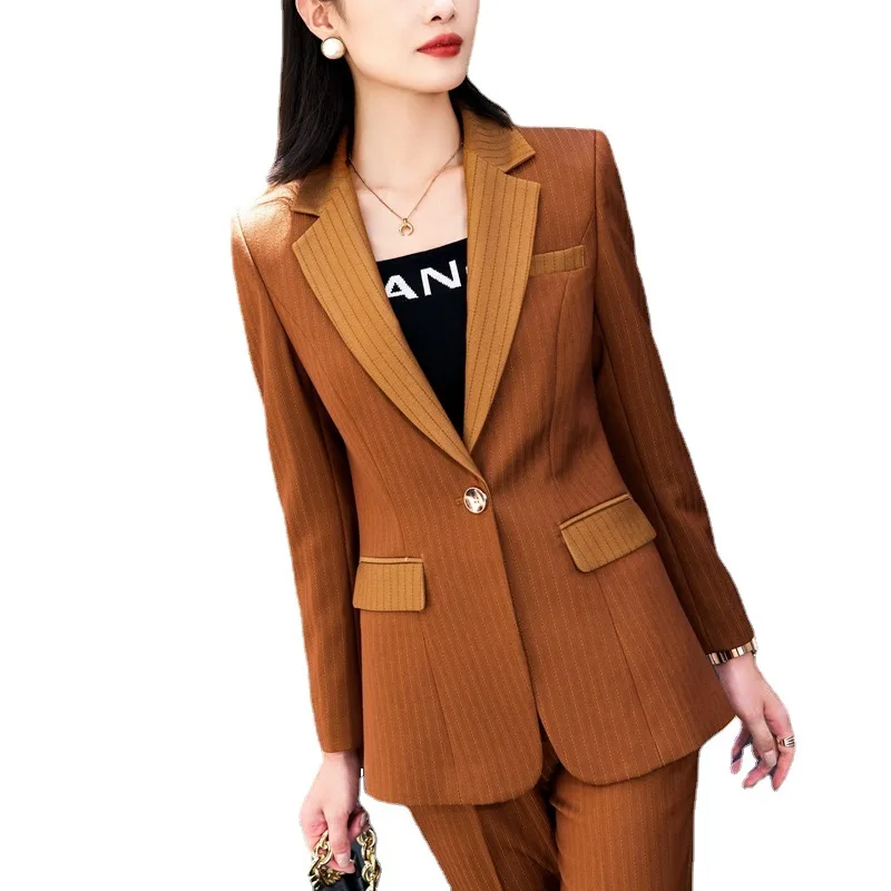 

2023 Fashion Orange Red Dark Green Striped Pant Suit Women 2 Piece Set Single Button Office Ladies Blazer And Trouser for Work