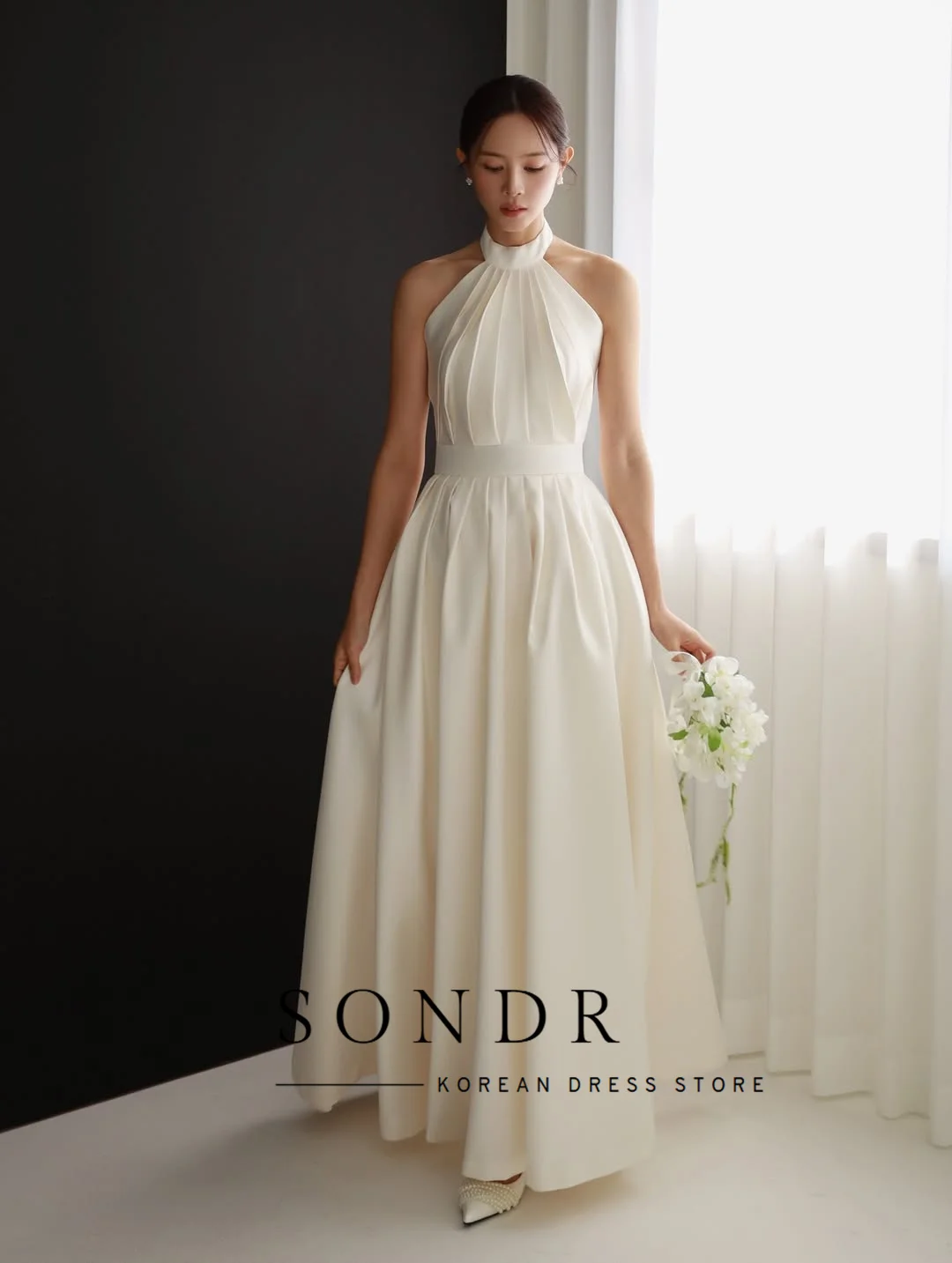 Sondr Elegant Halter Backless Evening Dress Korean Wedding Photo Shoot Floor Length Ivory Pleat Party Event Gown Customized