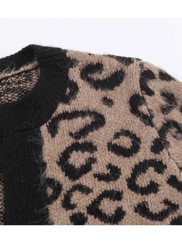Women Fashion Knitted Cardigans Long Sleeve Vintage Leopard Jacquard Sweater Short Cardigan Autumn Winter New Knitwear Coat