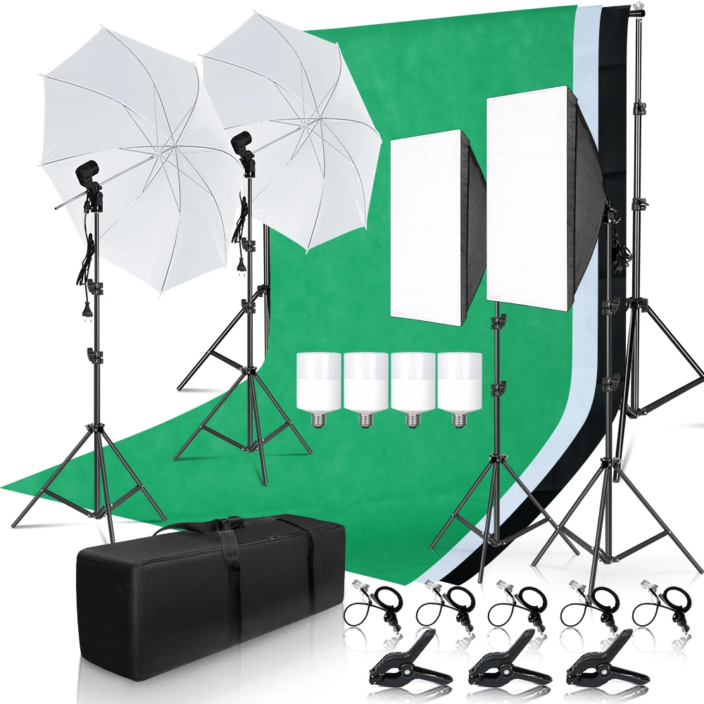 

Softbox Lighting Set Photo Studio Kit Tripod Light Stand Background Support Green Backdrop Umbrella Photography Video Shooting