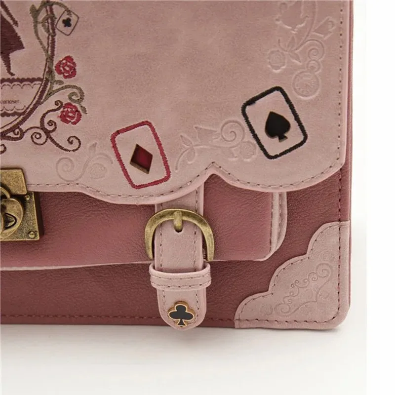 Disney Alice w krainie czarów karty do gry torba z haftem skóra PU dziewczyna Cosplay Lolita plecak japońska torebka styl obozowy