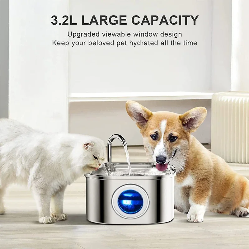 

New 3.2L Stainless Steel Cat Water Fountain with Water Level Window Square Automatic Cat Dog Drinking Fountain Quiet Pump