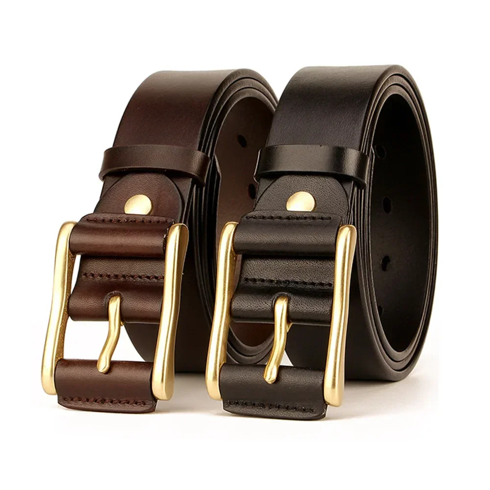 2024 New Luxury Mens Top Quality Cow Skin Belts Men‘s Casual Retro Cowhide Leather Cover Brass Pin Buckle Belt for Men 3.8cm 2023new 3 8cm thick cowhide copper buckle genuine leather casual jeans belt men high quality retro luxury male strap cintos 2024