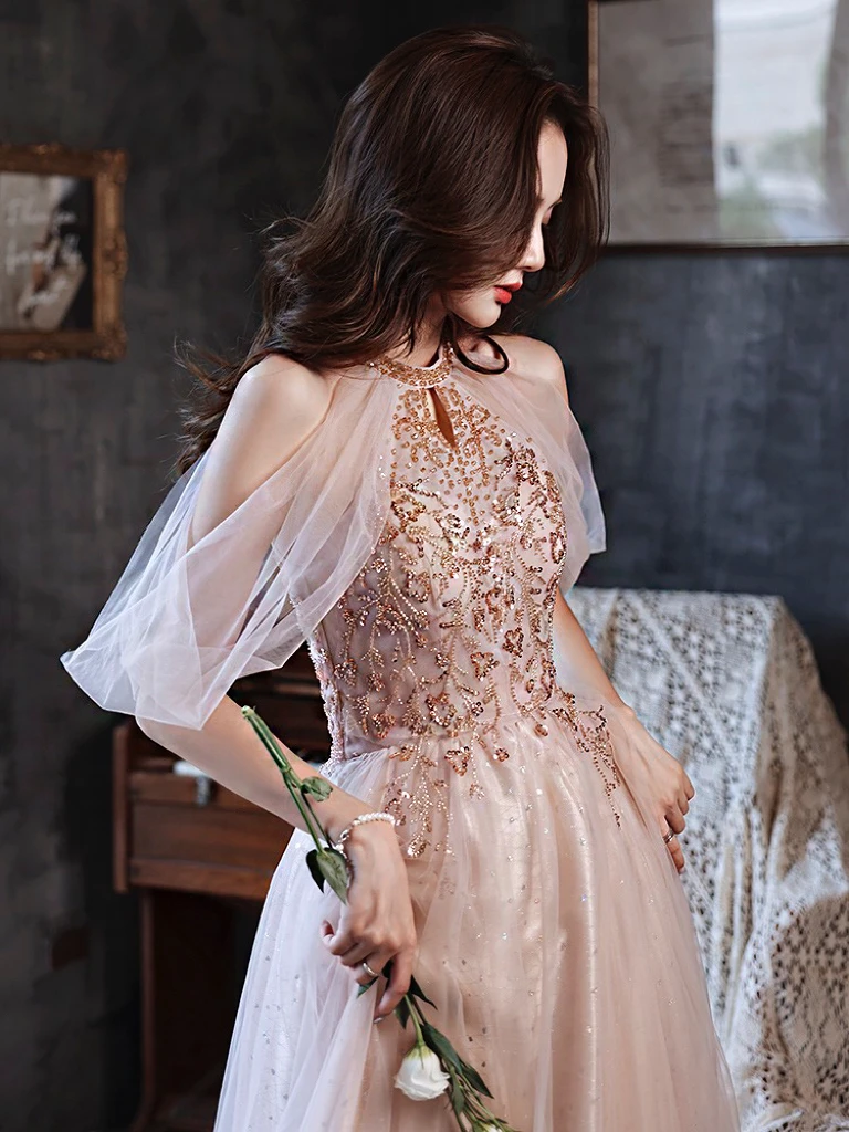 

Off The Shoulder Halter Champagne Bridesmaid Dresses 2023 A-line Zipper O-Neck Sequins Beading Formal Evening Party Prom Gowns