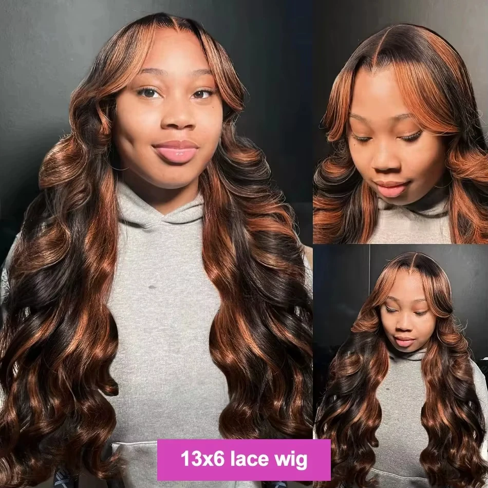 30 Inch 1B/30 Black Brown Highlight Ombre Body Wave 13x6 HD Lace Front Wigs 13x4 Lace Frontal Wig Human Hair for Women