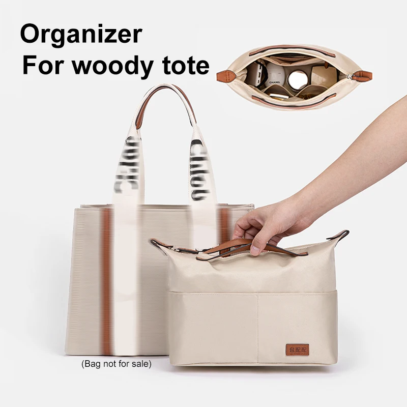 Purse Organizer Insert For Woody Tote,Satin Bag Inner Makeup Bag With 7 Pockets Zipper,Women Luxury Handbag Tote Shaper