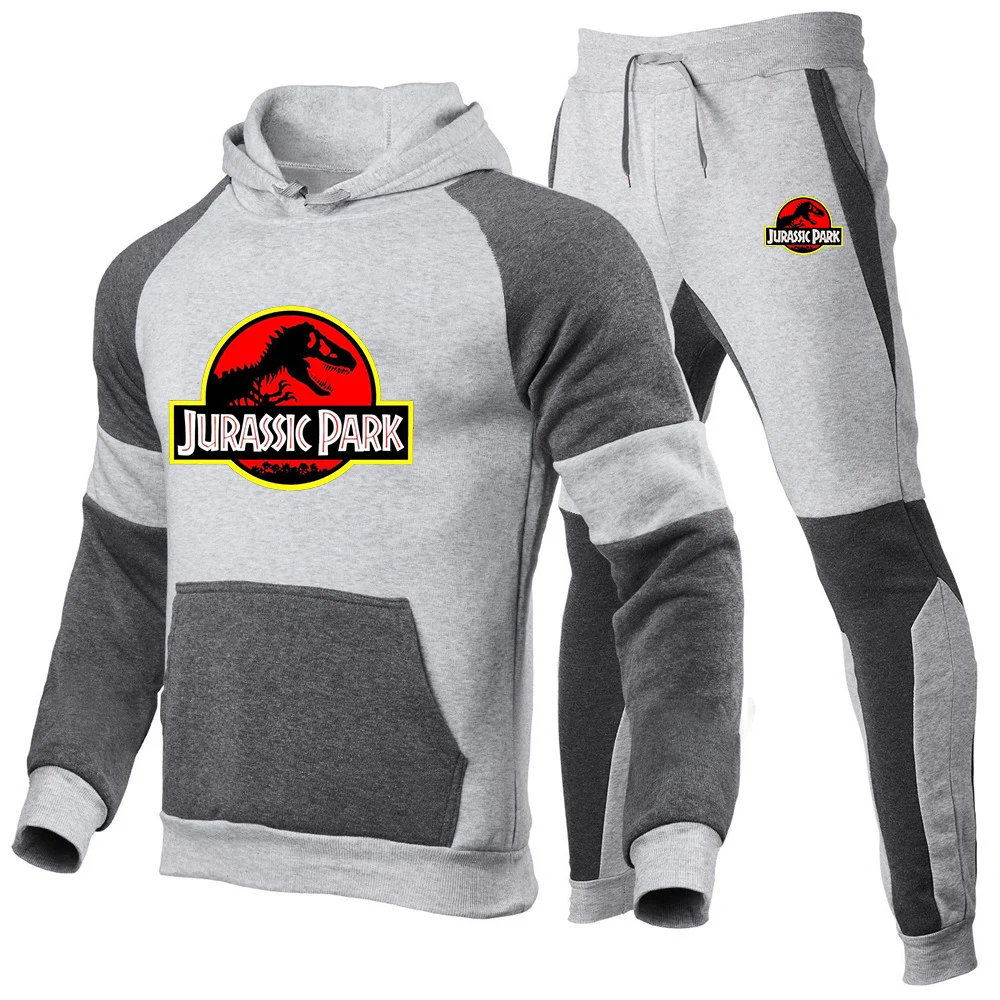 2023 Men Jurassic Park Tracksuit Casual 2 Pieces Sets Sweatshirt Hooded+Sweatpants Print Sportswear Clothes Jogger Sport Suit