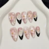 10pcs 3D Carving Peach Flower Press On Nails Glitter Pink Cat's Eye Almond Summer Handmade Fake Nails Black French False Nail