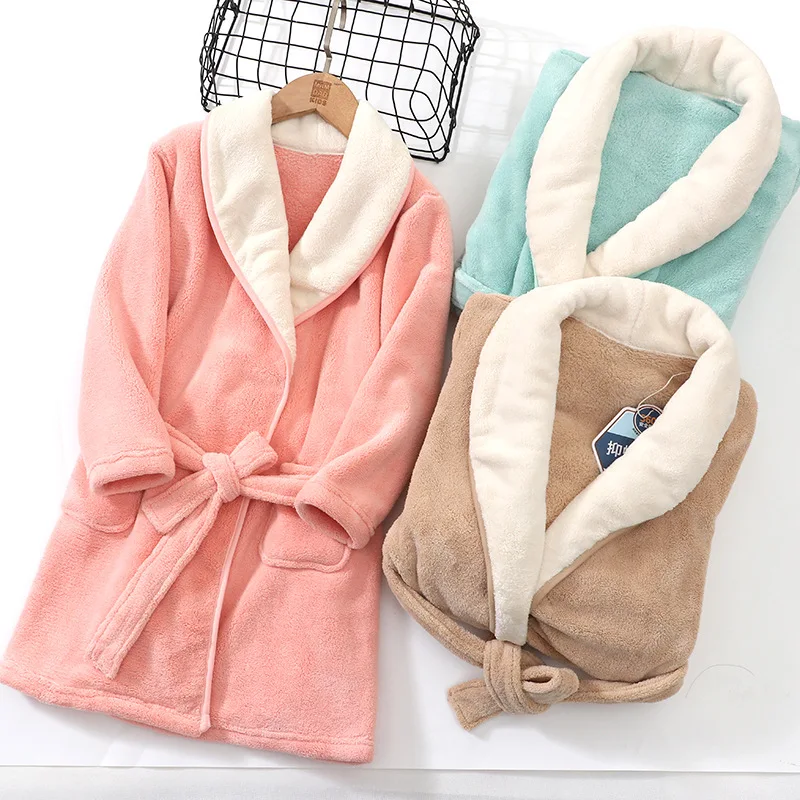 Winter Thicken Bathrobes for Kids Girls Flannel Warm Nightgown Teens Boys Bathing Robe Solid Color Night Robe Baby Dressing Gown kids pajamas set flannel pajamas child bathrobe kids robe