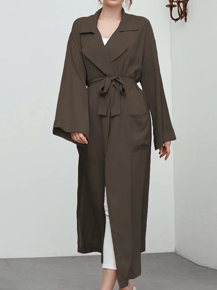 

Женское пальто в Корейском стиле, модная повседневная темпераментная элегантная ветровка средней длины со шнуровкой на талии и отложным воротником