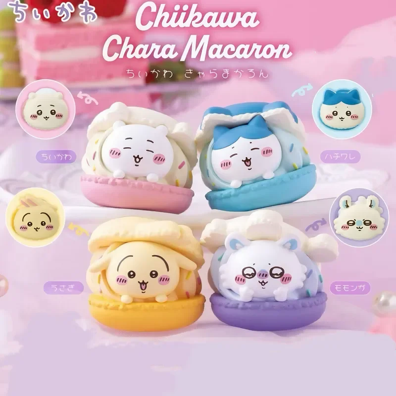 Chiikawa 4-teiliges Süßes Makronen-Dessert Gacha Figurenset Usagi Hachiware Momonga Modell Spielzeug Desktop-Ornament Tortendekoration Geburtstagsgeschenk