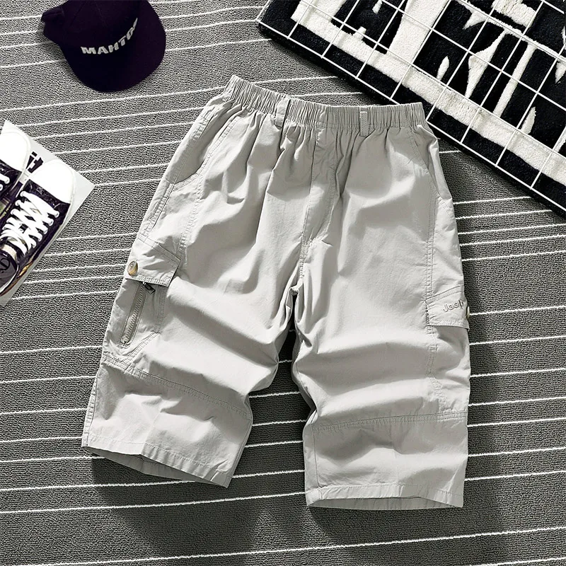 Overalls Men's Summer Shorts Cargo Loose Oversized Zipper Pocket Large Size 6XL 5XL Plain Beach Pure Cotton Knee-length Pants