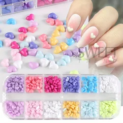 Heart - Shaped Nail Art Charms with Resin Stones and Pearls - 12 Grids Decor Set (S12)