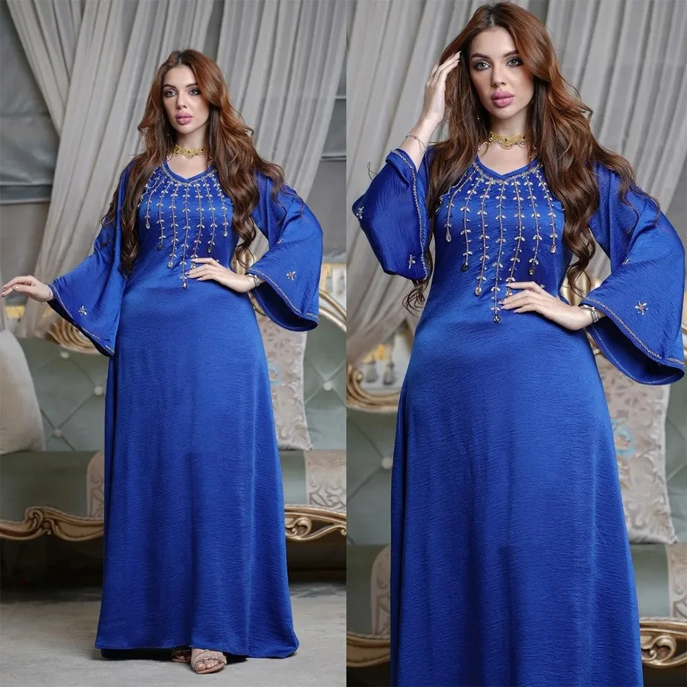 

Eid Mubarak Djellaba Diamonds Abaya Women Flare Sleeve Maxi Dress Dubai Turkey Kaftan Ramadan Islamic Jalabiya Moroccan Caftan