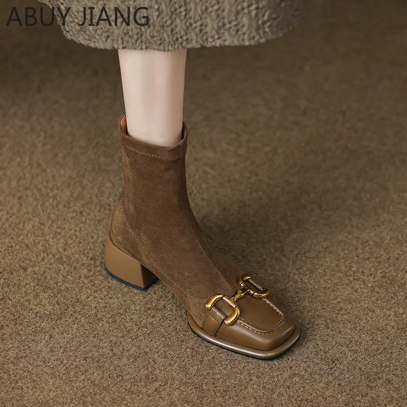 

Новинка Осень-зима женские мягкие кожаные ботинки на толстом каблуке с квадратным носком в стиле ретро короткие сапоги универсальные эластичные ботинки на среднем каблуке