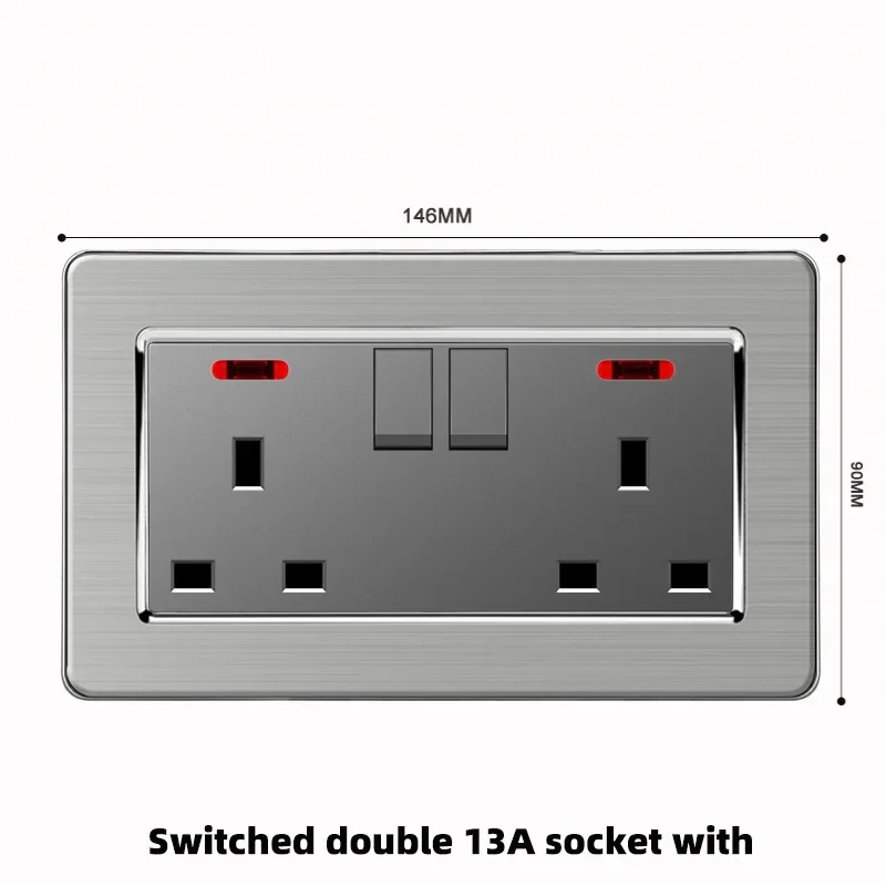 회색 스테인레스 스틸 금속 영국 13A 벽 220V 전등 스위치(전기 소켓 포함), 스마트 Type-c 고속 충전 벽 USB C 소켓