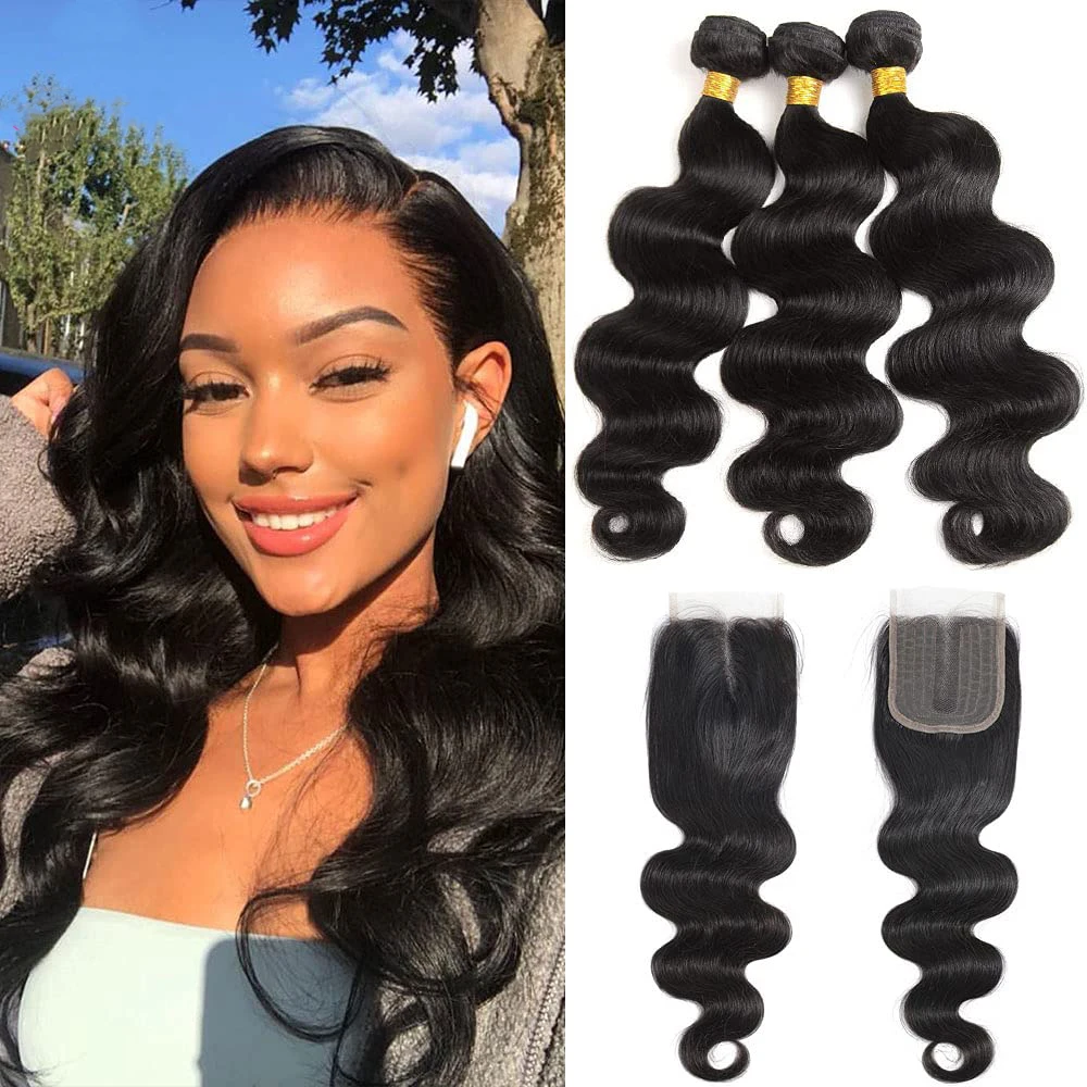 Onda do Corpo Pacotes com Fechamento do Laço com Pacotes Brasileiro Parte Remy Cabelo Humano 3 - 4 4x1 t 100% 7 4x1 t parte fechamento do laço com