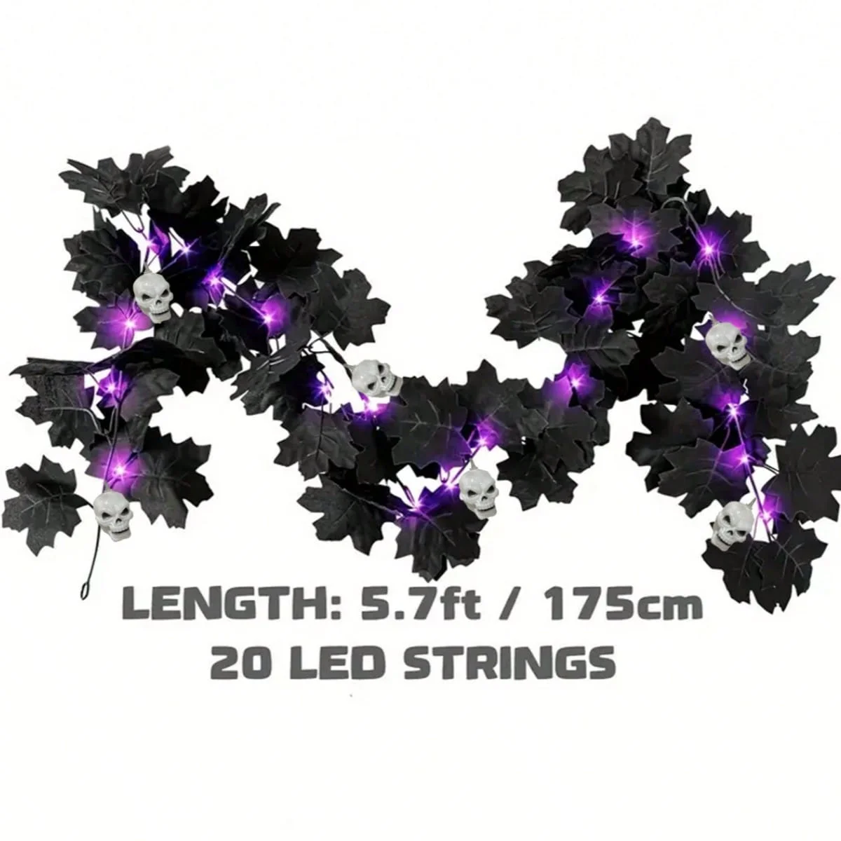 1pc 20 LED Halloween Horrible Atmosphere Fall Black Maple Leave Vines Light With 6 Skull Battery Powered Hanging DIY Decorative