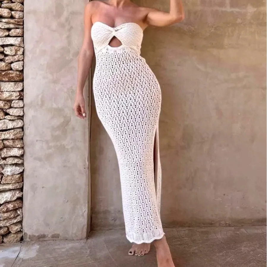 

2024 Summer Dress Woman Sexy Bandeau Hollow Out Crochet Knitted Tunic Beach Cover Up Cover-ups Beach Dress Beach Wear Beachwear