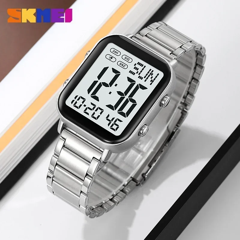 SKMEI 2259 Luxury EL Display Stainless Steel Digital Watch for Men Waterproof Sport Electronic Mens Wristwatch 1859 Reloj Hombre
