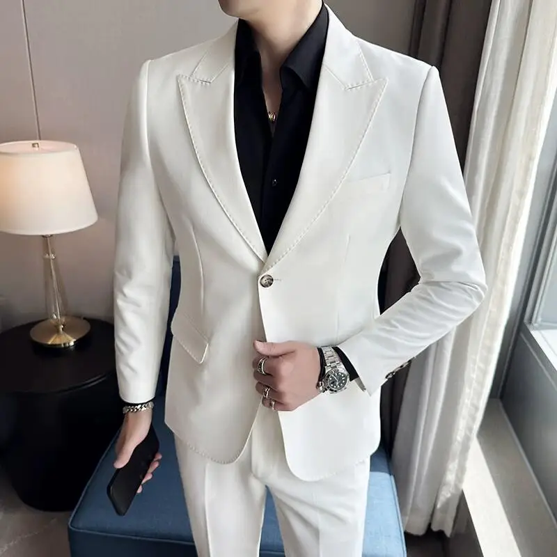 Jacket + Pants 2 Pieces Men's Elegant Fashion Slim Fit Suits Formal Business Wedding Tuxedos Casual Gentleman Solid Dress Suit