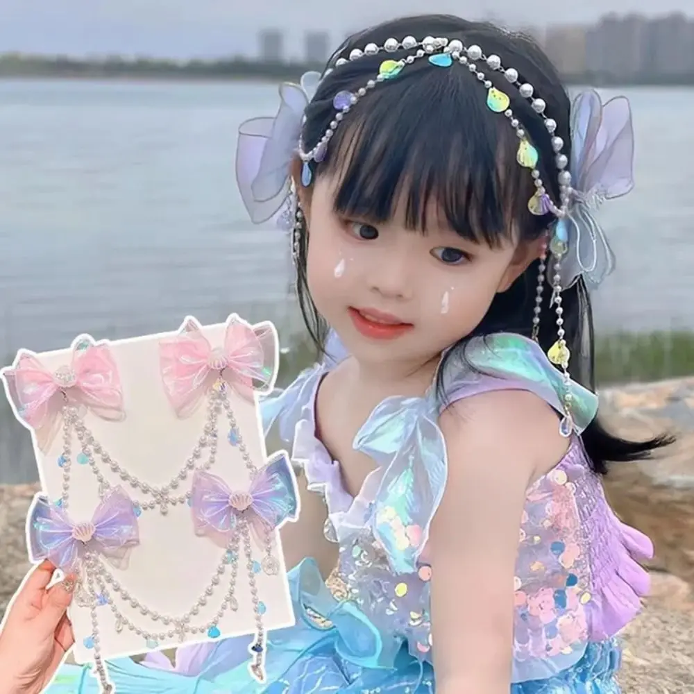 

Children Cute Mermaid Princess Pearl Fringe Bow Forehead Chain Hairpin Fairy Hair Clip Cartoon Girls Hair Accessories