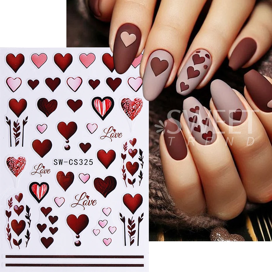 2pcs Valentine's Day Love Heart Nail Stickers Self-Adhesive Sweet Peach Heart Nail Decals DIY Romantic Manicure Decoration Tools