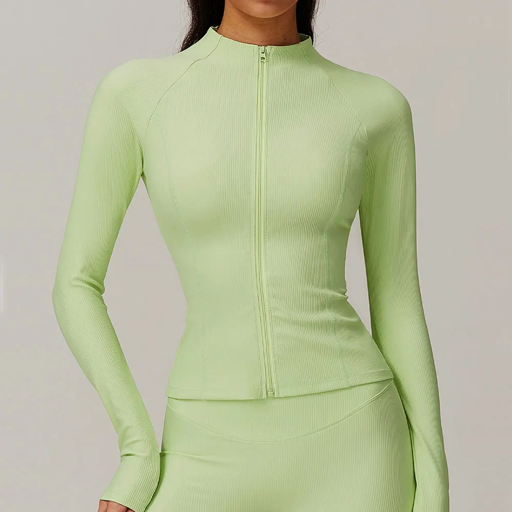 Ribbed Sports Long Sleeved Women Slim Yoga Clothes Quick Dry Zipper Cardigan Stand Up Collar Jacket Running Fitness Jacket Top