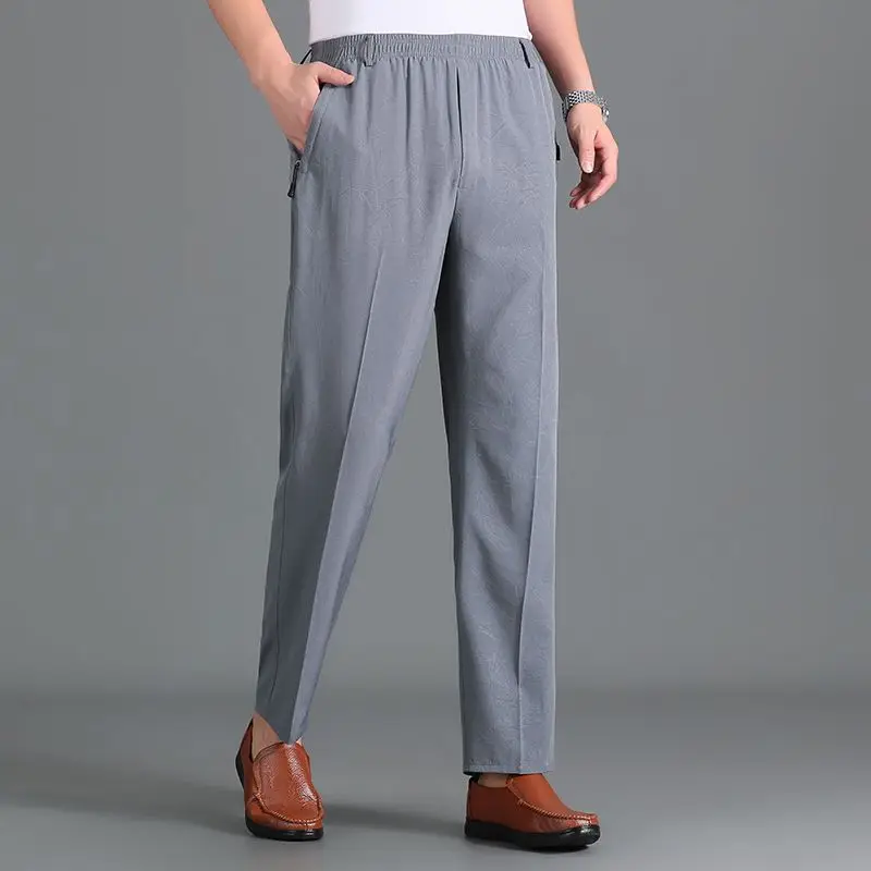 Summer New Vintage Ice Silk Men Casual Straight Pants Solid Elastic Waist Button Patchwork Pockets Loose Versatile Thin Trousers
