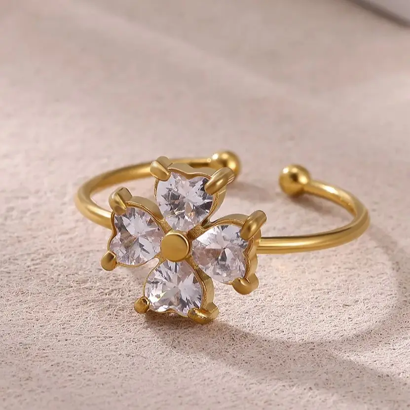 Zircon Four-Leaf Clover Rings Gold Plated Stainless Steel Adjustable Finger Ring