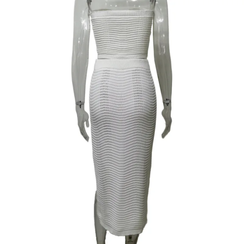 Female Knit Off-Shoulder Midi Skirt 2 Piece-Set High Split Long Skirt And Hollow Out Tube Tops Sets Elegant Ladies Outfits