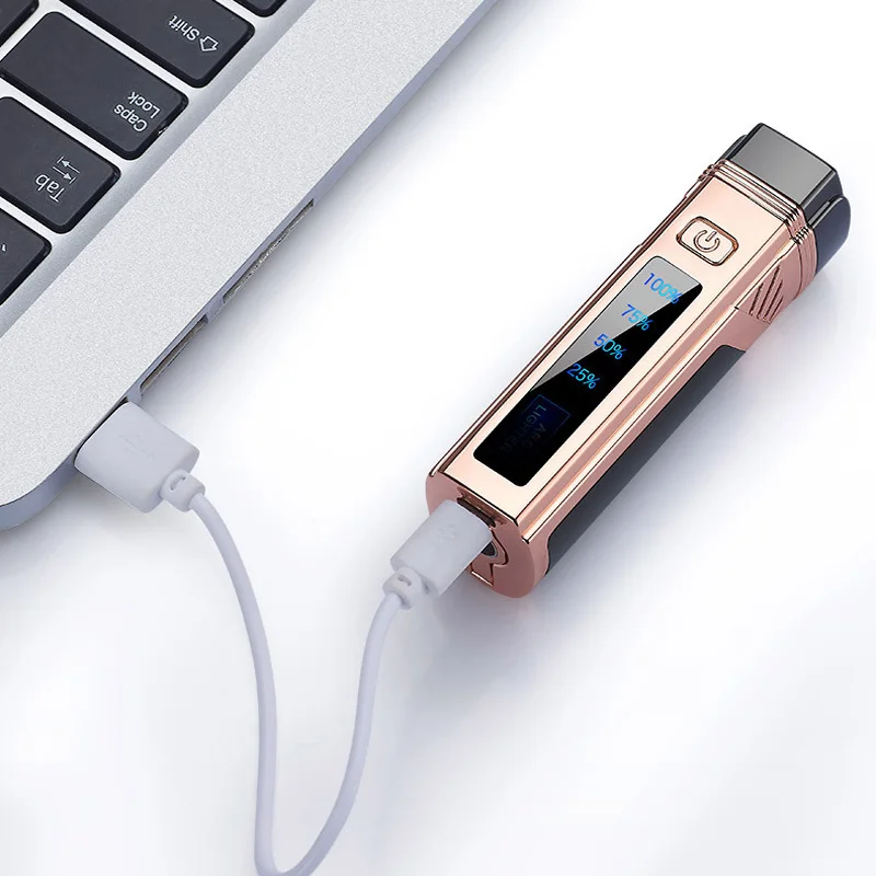 New Touch Sensing Metal Outdoor Windproof Electric USB Lighter Turbo Three Torch Jet Power Display Cigar Lighter Cigar Tool
