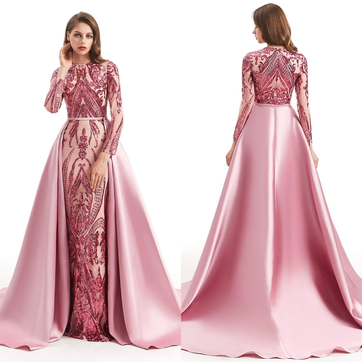 

Pink 2023 Latest Elegant Dubai Arab Evening Dresses Round Neck Long Sleeve Lace Applique Sequin Satin Porm Dresses فساتين السهرة