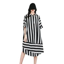 

2022 Fashion Woman Dress Silk Summer Party Black White Stripe Street Cotton Cool Loose Knee-Length T-Shirt Shirt Polo Clothes