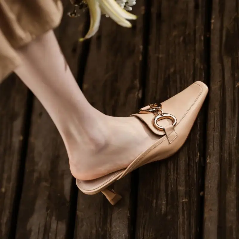 Sharp pointed half slippers for women's summer wear, 2024 new slim high heels, toe wrapped leather sandals