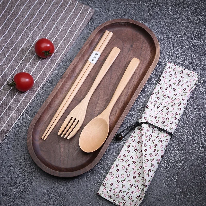 Wooden Tableware Set Cloth Bag Spoon Chopsticks Fork Cutlery Dinnerware Portable Travel Environment Students Kitchen Accessories cutlery set western style cutlery set picnic cutlery set picnic tableware camping cutlery set wooden cutlery set